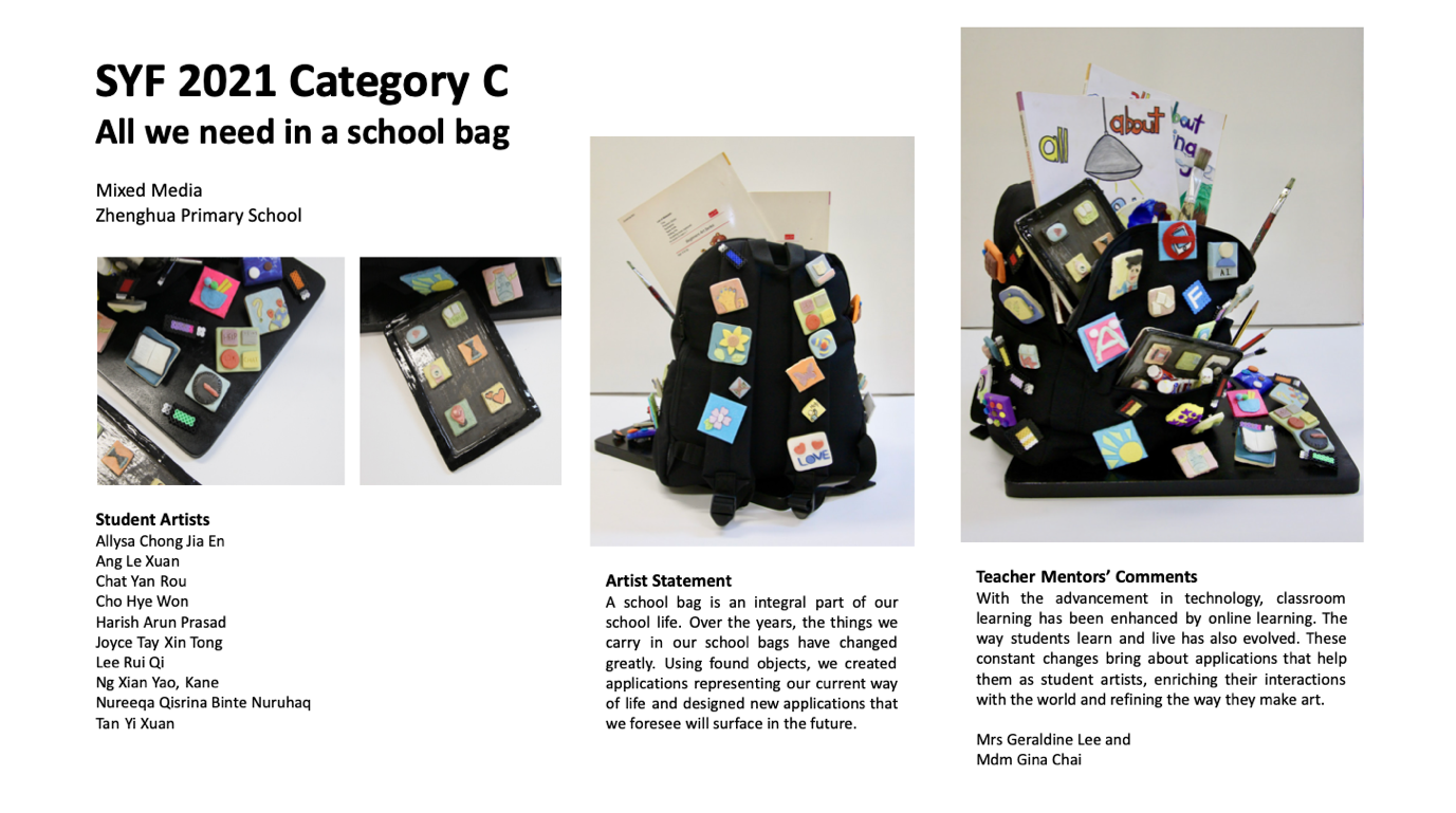 Poster shows a black backpack with colorful app-like icons and school items, titled SYF 2021 Category C.